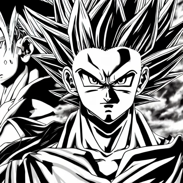 Image similar to super saiyan in the style of jojo's bizarre adventure, ultrafine hyperrealistic detailed face illustration by kim jung gi, irakli nadar, intricate linework, sharp focus, bright colors, matte, octopath traveler, final fantasy, unreal engine highly rendered, global illumination, radiant light, intricate rainbow environment