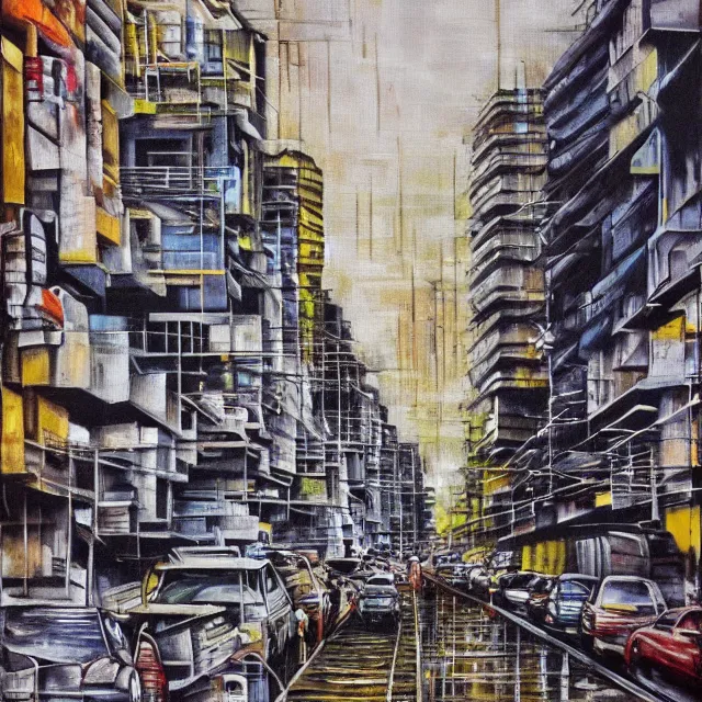 Prompt: streets of mumbai, future, mossy buildings, high fidelity, uncompressed, photorealistic oil painting, straight lines