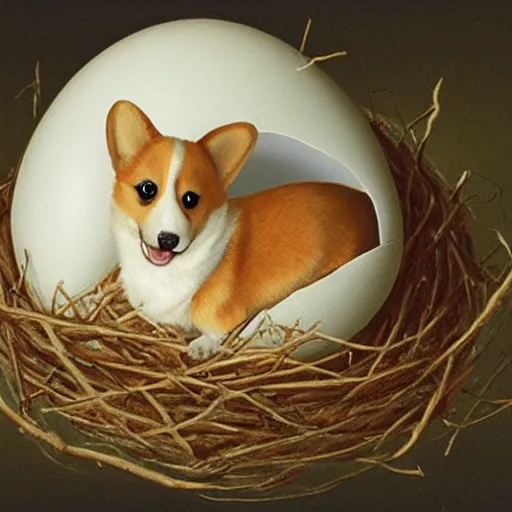 Image similar to concept art of a baby corgi emerging from an egg in a nest, anne geddes