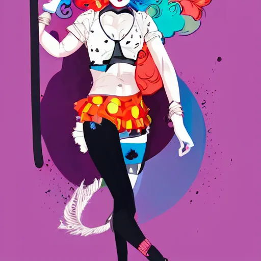 Image similar to julia garner as harley quinn as delirium of the endless, the sandman, rainbow clothes, clean cel shaded vector art. shutterstock. behance hd by lois van baarle, artgerm, helen huang, by makoto shinkai and ilya kuvshinov, rossdraws, illustration