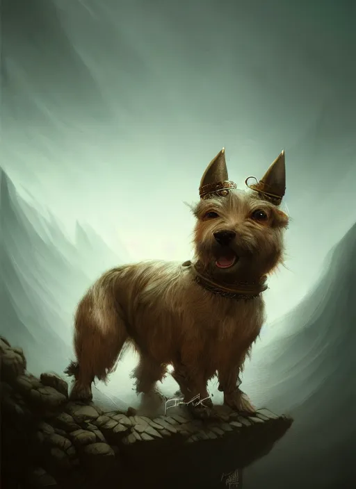 Prompt: norwich terrier as an viking, backround dark, highly detailed, digital illustration, trending in artstation, modern painting, smooth, sharp focus, intricate, by peter mohrbacher