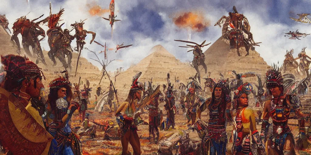 Prompt: simonetti rutkowski painting aztec warriors watching spaceship arriving to pyramid