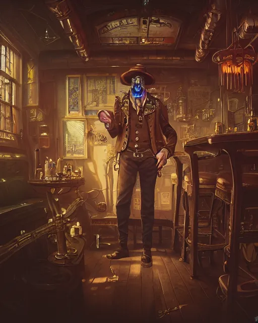 Image similar to highly detailed surreal vfx portrait of a steampunk cowboy in a cyberpunk saloon, stephen bliss, unreal engine, greg rutkowski, loish, rhads, beeple, makoto shinkai and lois van baarle, ilya kuvshinov, rossdraws, tom bagshaw, alphonse mucha, global illumination, detailed and intricate environment