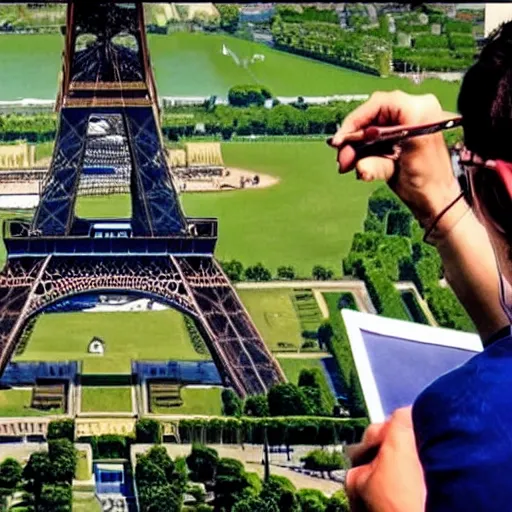 Prompt: a french guy drawing a picture of eiffle tower 8 k