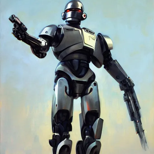 Image similar to greg manchess portrait painting of robocop as overwatch character, medium shot, asymmetrical, profile picture, organic painting, sunny day, matte painting, bold shapes, hard edges, street art, trending on artstation, by huang guangjian and gil elvgren and sachin teng