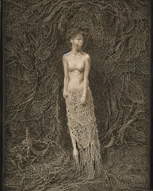 Prompt: a woman standing at the mouth of a cave, made of intricate decorative lace leaf skeleton, in the style of the dutch masters and gregory crewdson, dark and moody