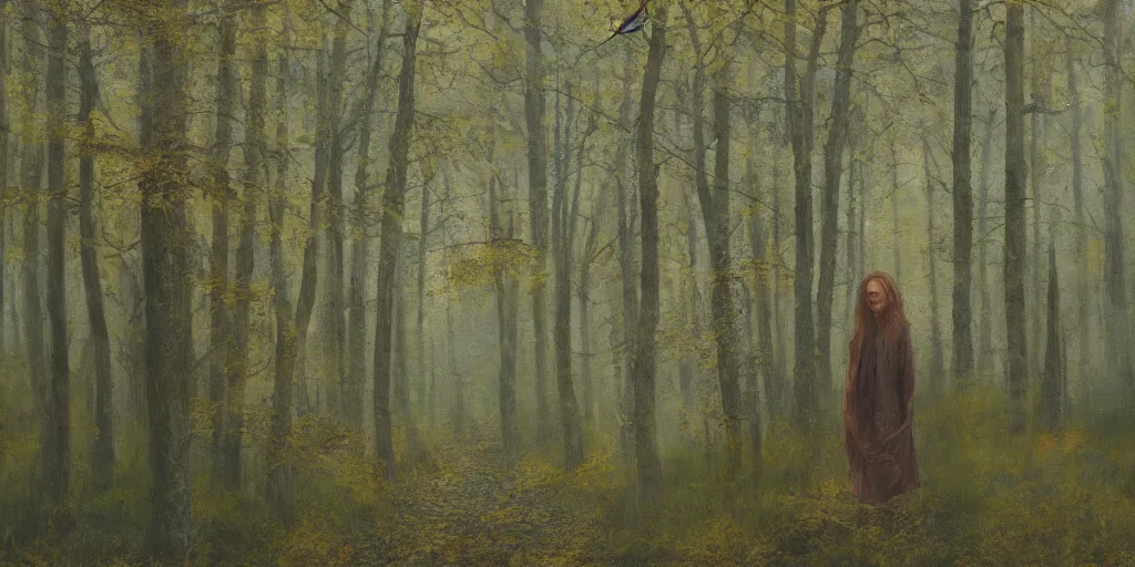 Image similar to a girl in an autumn forest, yellow and green tones, by Aron Wiesenfeld, wolf, cinematic, detailed illustration, nature, fog, dark colors, suspense, intricate, 8k