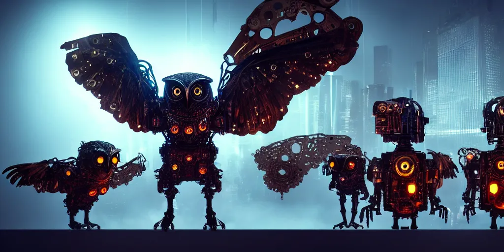 Image similar to an giant evil, malevolent, cyborg owls looking at a computer, surrounded by computer screens. steampunk. this 4 k hd image is trending on artstation, featured on behance, well - rendered, extra crisp, features intricate detail and the style of unreal engine. volumetric lighting octane render