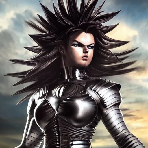 Image similar to warrior girl, muscular girl, wild spiky black saiyan hair, long spiky hair, electrified hair, wearing chrome silver armor and black spandex pants, ultra realistic, intricate details, highly detailed, subsurface scattering, photorealistic, octane render, 8 k, art by artgerm, greg rutkowski, magali villeneuve, alphonse mucha