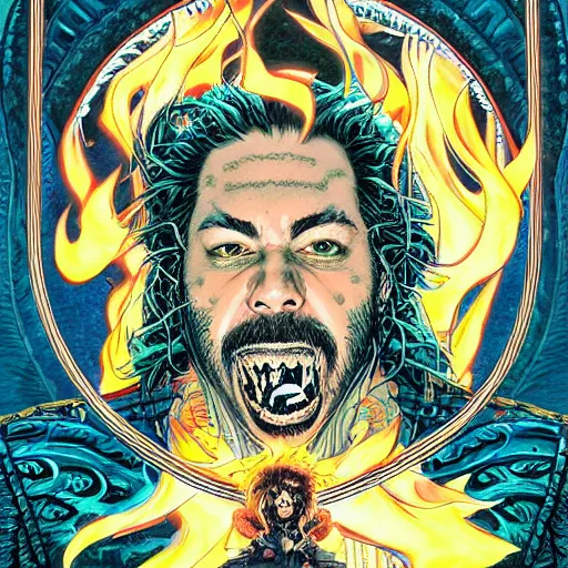 Image similar to portrait of crazy post malone with fire, symmetrical, by yoichi hatakenaka, masamune shirow, josan gonzales and dan mumford, ayami kojima, takato yamamoto, barclay shaw, karol bak, yukito kishiro