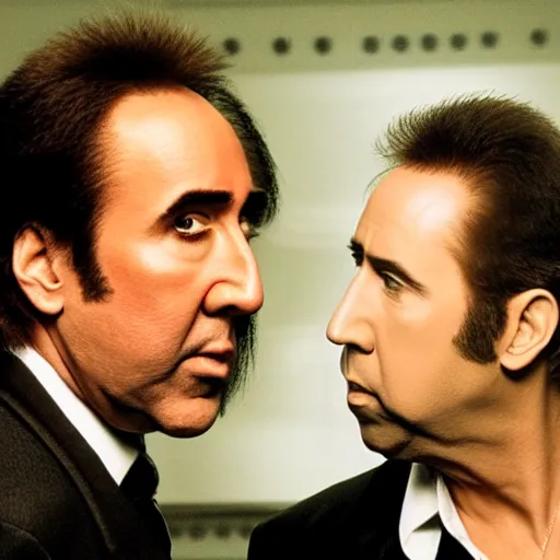 Prompt: over the shoulder shot of nicolas cage arguing with nicolas cage