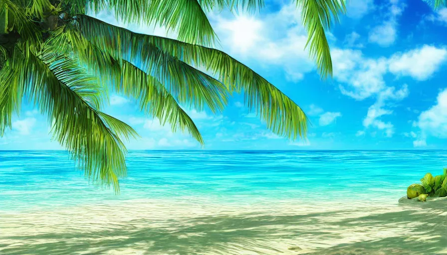 Prompt: a beautiful tropical beach with a stunning turquoise ocean in the background, digital art, highly detailed, realistic, bright colors, 8 k