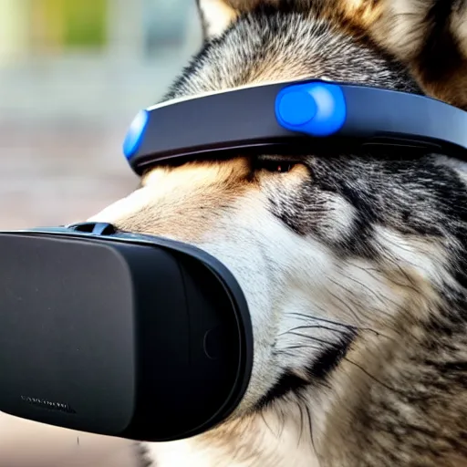 Image similar to a wolf wearing a VR headset on its head