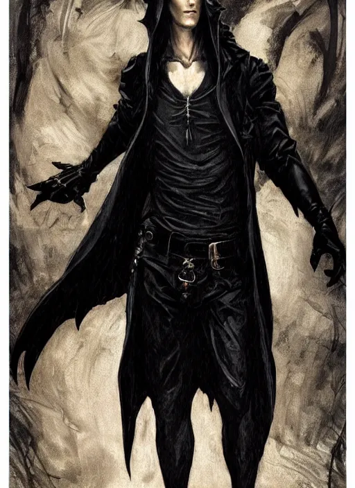 Image similar to elegant renaissance concept art of a male young muscular neo from matrix 1 as sandman from vertigo comics, the crow 1 9 9 4, full figure dynamic fighting pose, pale skin!, gothic, black overcoat, fantasy, intricate, highly detailed, digital painting, artstation, smooth, sharp focus, illustration, art by artgerm and greg rutkowski and alphonse mucha