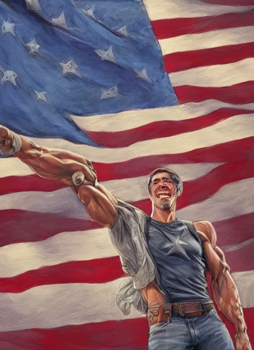 Prompt: muscled Beto O'Rourke grinning as a ruggedly handsome hero wilding an American flag, intricate, elegant, highly detailed, centered, artstation, concept art, smooth, sharp focus, illustration, bokeh art by artgerm and donato giancola and Joseph Christian Leyendecker, WLOP