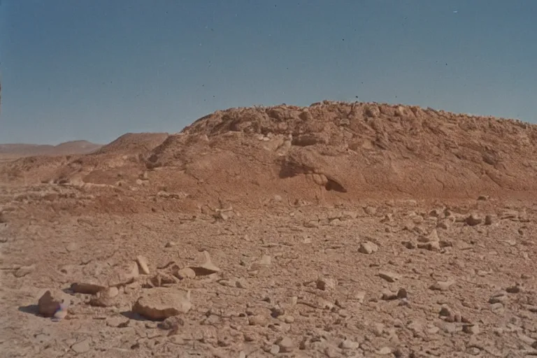 Image similar to film still of esoteric gigantic prehuman building in the desert, by Étienne-Louis Boullée, ektachrome full-HD