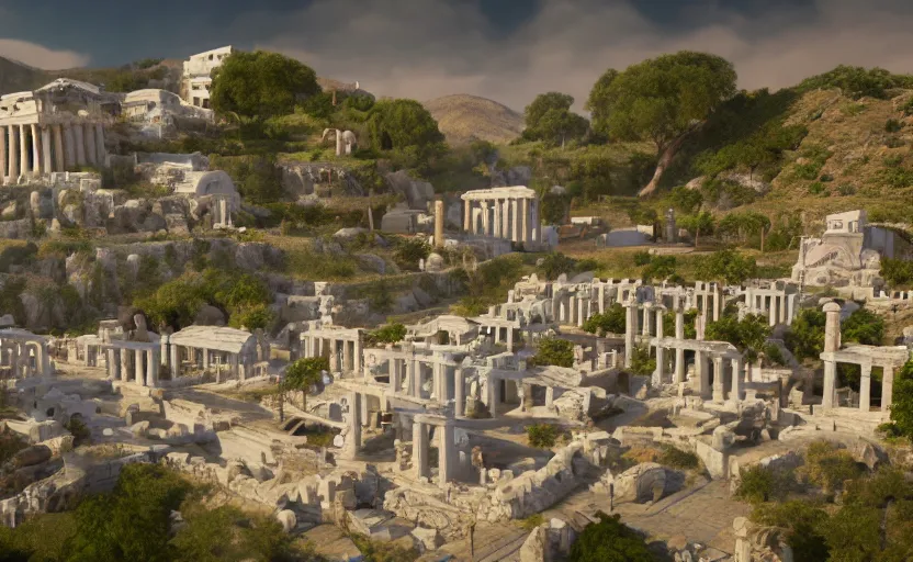 Image similar to ancient greek inspired robotic village, white, purple roofs, beams, tubes, pipes, built on a steep hill, on top of the hill is a greek temple, pillars, technology, in the style of Pixar, hyper realistic, Unreal Engine 5, octane render, trending on art station