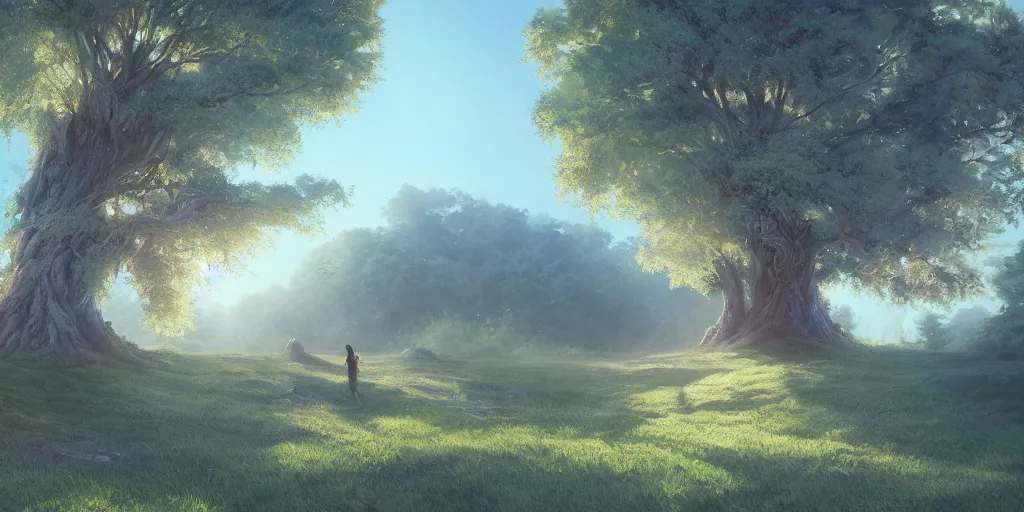 Image similar to willow tree, matte oil painting, highly detailed, hyperrealistic, cinematic, breathtaking, beautiful composition, Mokoto Shinkai, Studio Ghibli, Dan Mumford, James Jean, volumetric lighting, octane render, 4K resolution, trending on artstation