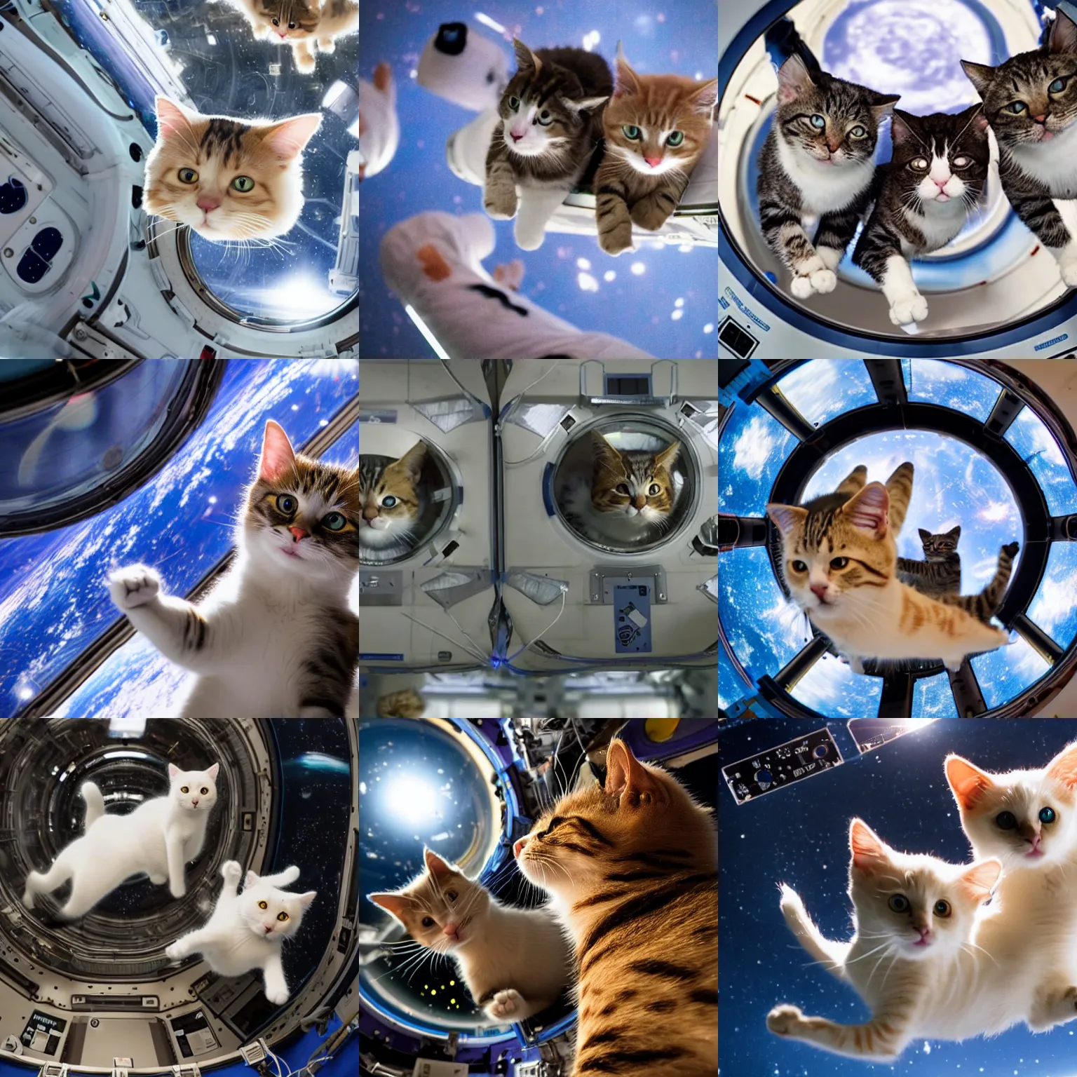 Prompt: Photo of cats floating inside the International Space Station in zero gravity, highly-detailed 4K award-winning cinematic