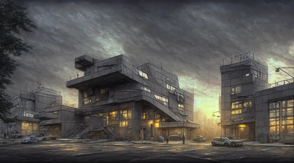 Prompt: highly detailed photography of a modern architecture post - apocalyptic police station, in the style of patrick commercy and thomas kinkade, photorealistic, trending on artstation, organic architecture, hyperrealistic landscape, city buldings background