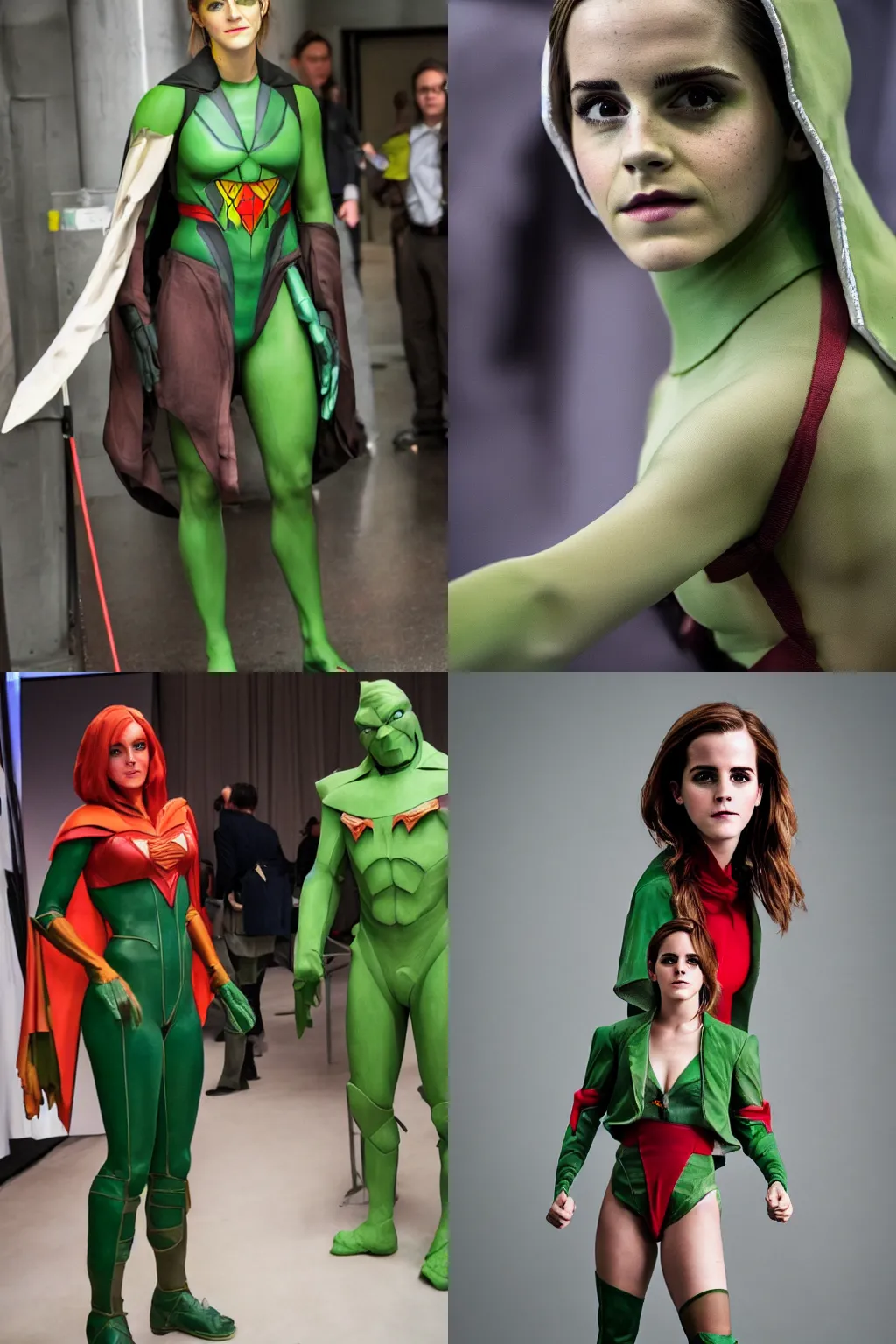 Prompt: An Emma Watson wears costume of Martian manhunter, photo taken with Nikon D750