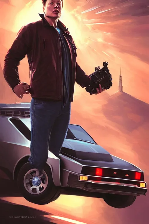 Image similar to elon musk as marty mcfly near cybertruck, realistic portrait, symmetrical, highly detailed, digital painting, artstation, concept art, smooth, sharp focus, illustration, cinematic lighting, art by artgerm and greg rutkowski and alphonse mucha