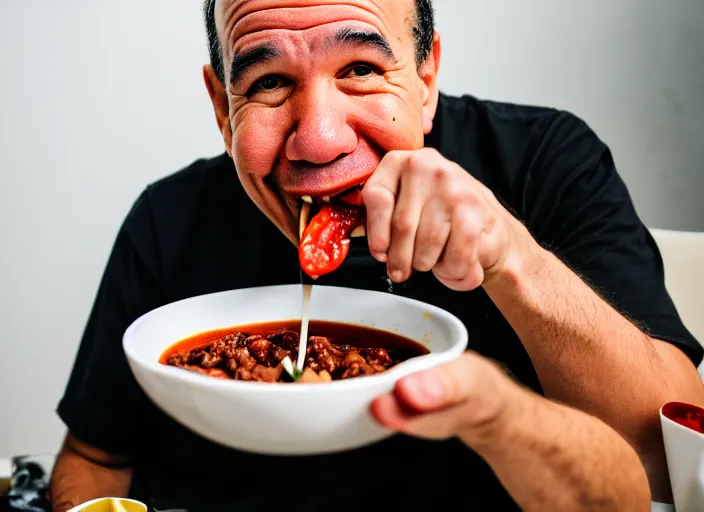 Prompt: photo of gilbert gottfried eating chili, 8 k, 8 5 mm f 5. 6