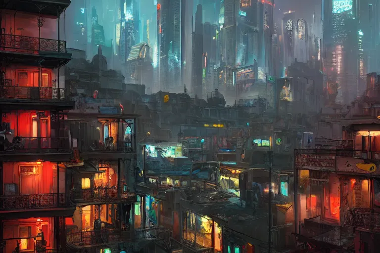 Image similar to a beautiful digital matte painting of futuristic cyberpunk french quarter, new orleans, by eddie mendoza and david lozeau and raphael lacoste and laurie greasley, 8 k, detailed, artstation,