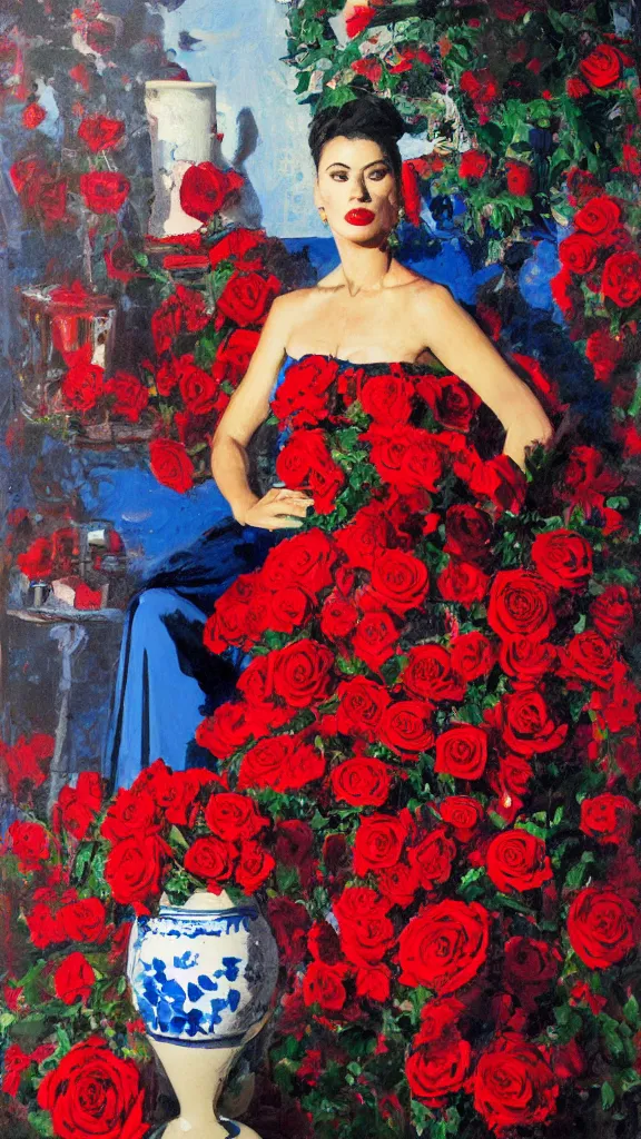 Prompt: portrait of rebekah delrio in lynch pattern dress beside of a big persian detailed pot of red roses, blue and red lights, mulholland drive, painted by craig mullins