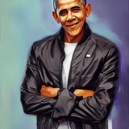 Image similar to an oil painting of barack obama wearing the supreme drip jacket, by artgerm, hd, hdr, ue 5, ue 6, unreal engine 5, realistic anime 3 d style, cinematic 4 k wallpaper, 8 k, ultra detailed, gta cover art, high resolution, artstation, award winning