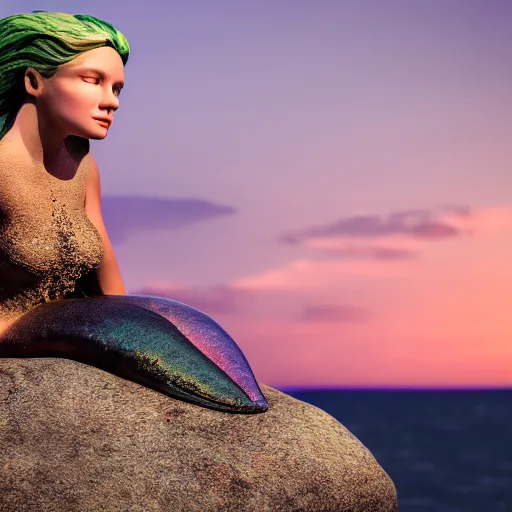 Prompt: a beautiful photograph of a mermaid sits on a rock and stares at the island, sunset lighting, rim light, hyper realistic, 1 0 5 mm, cinematic frame