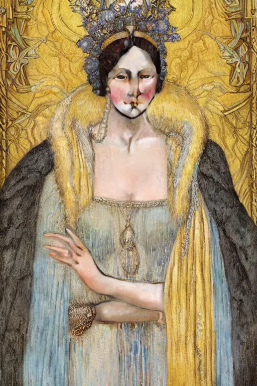 Image similar to coronation portrait of the ice queen, by Donato Giancola and John Bauer and John William Godward and Vermeer, embroidered velvet, iridescent beetles, rich color, ornate headdress, flowing robes, lost runes, ancient civilizations,featured on Artstation, cgisociety, unreal engine, extremely detailed