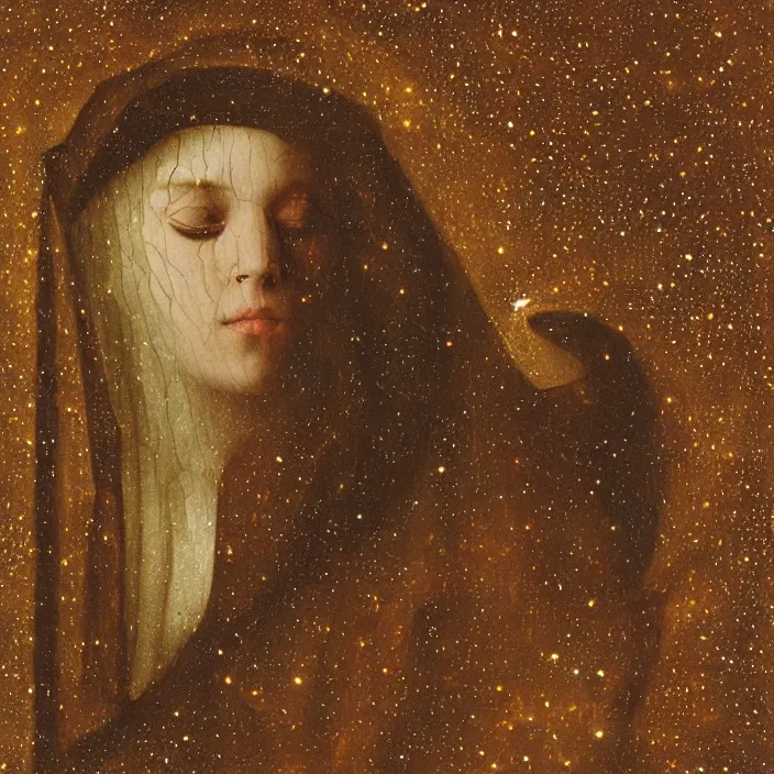 Prompt: a veiled woman made of stone crying in a nebula, by Jan van Eyck