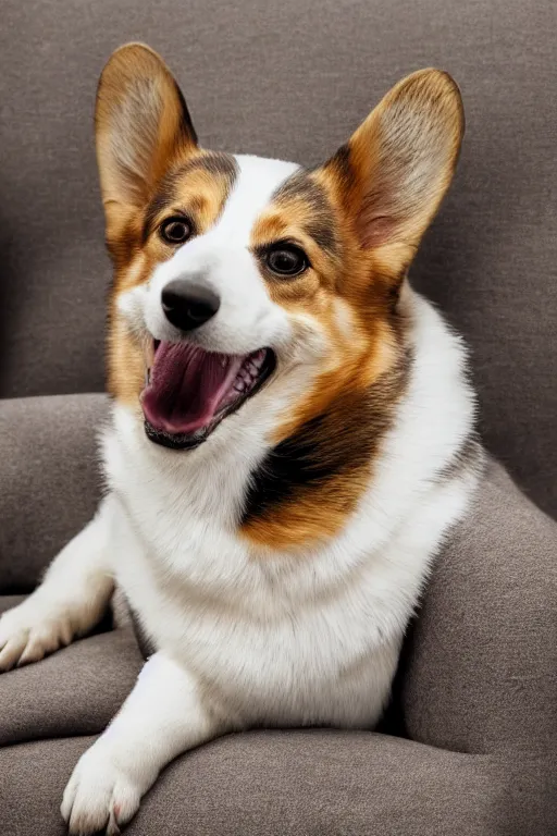 Image similar to a photo of a corgi laying on back on a couch, snarling, about to bite, oil on canvas, intricate, portrait, 8k highly professionally detailed, HDR, CGsociety