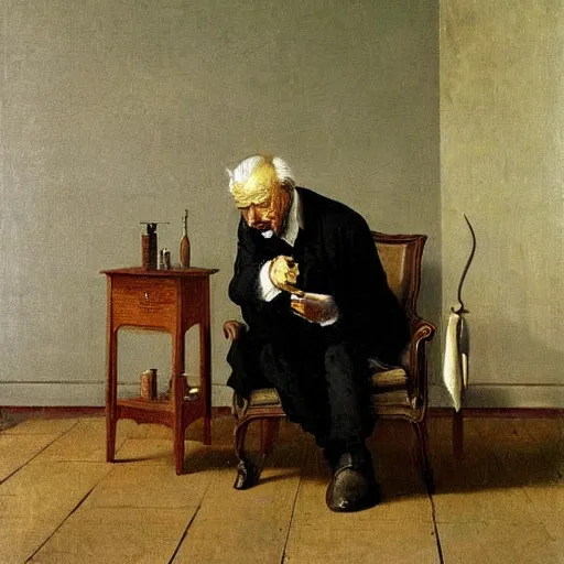 Prompt: old man smoking a pipe sitting in a chair, oil painting by caspar david friedrich, john harris