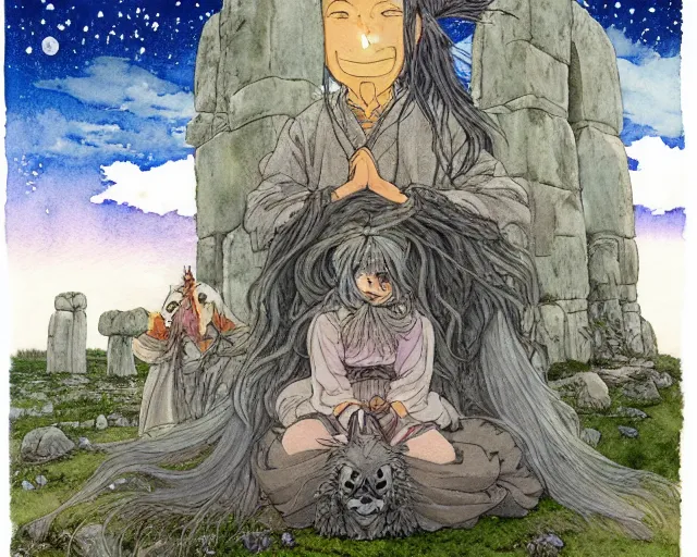 Image similar to a hyperrealist studio ghibli watercolor fantasy concept art of a giant long haired grey witch in lotus position sitting on top of stonehenge with a starry sky in the background. a group of tiny monks are prostrating them themselves. by rebecca guay, michael kaluta, charles vess