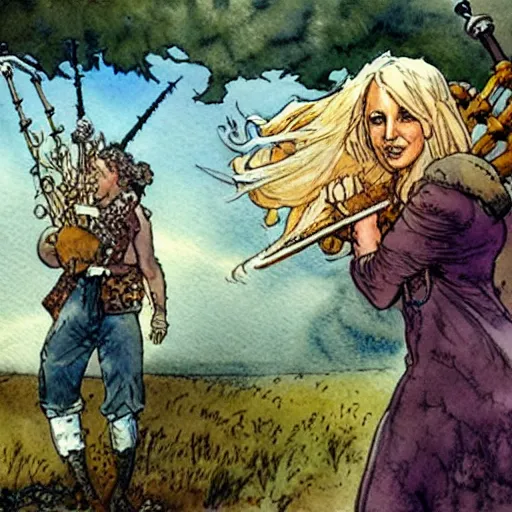 Image similar to a realistic and atmospheric watercolour fantasy concept art of britney spears dressed with scottish clothes and with bagpipe, muted colors. by rebecca guay, michael kaluta, charles vess and jean moebius giraud,