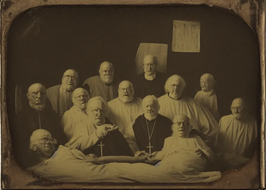 Prompt: gloomy daguerreotype of seven old catholic priests, a young women in a dark room, fresh fetuses on the ground, gregory crewdson, erwin olaf, 4 k