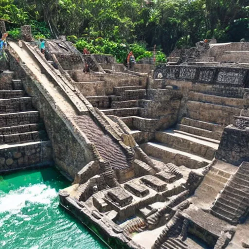 Image similar to ancient mayan waterpark full of carved water slides