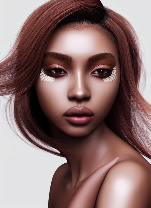 Prompt: beautiful female, pigment, attractive facial features, brown skin, haze, model, intricate, symmetrical face, makeup, sephora, maybelline, studio, reflections, cinematic, filmic, vsco, concept art, artstation, elegant, model, gorgeous, vray, flim, octane render, ambient occlusion, prism details