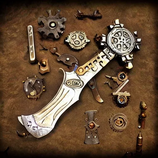 Image similar to fantasy steampunk cog wrench weapon, fantasy game art, fantasy rpg, league of legends
