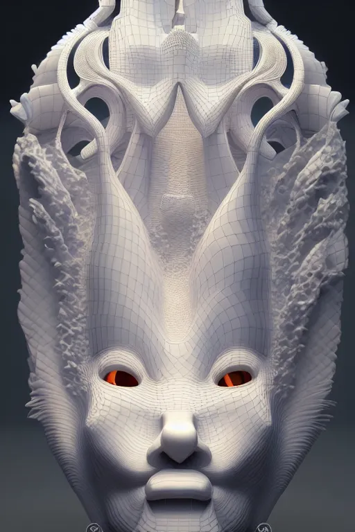 Image similar to 3 d goddess close - up profile portrait. beautiful intricate highly detailed korean gumiho mask and traditional korean hanbok. stingray, magpie, bio luminescent, plasma, lava, ice, water, wind, creature, artwork by tooth wu and wlop and beeple and greg rutkowski, octane 3 d render