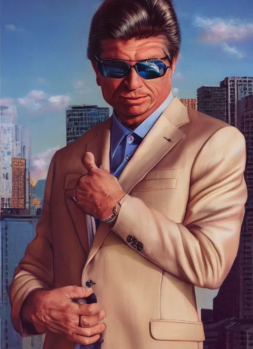 Prompt: ultrawide angle colour portrait masterpiece photography of vince mcmahon jr in leisure suit shot by annie leibovitz michael cheval miho hirano moebius josh kirb