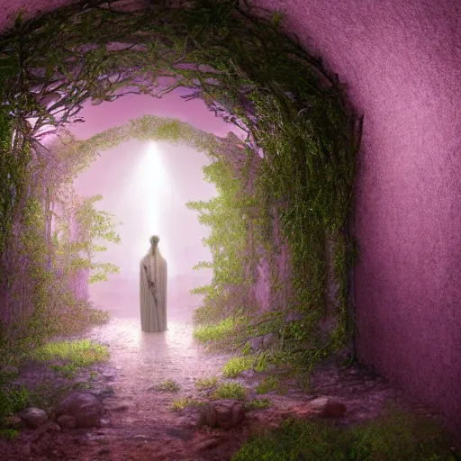 Image similar to a christian cross as the light at the end of the tunnel, with pale purple and pale pink lighting, with a few vines and overgrowth, studio ghibli, cinematic, realistic painting, high definition, digital art, symmetrical, very detailed, extremely high detail, photo realistic, concept art, unreal engine 5,