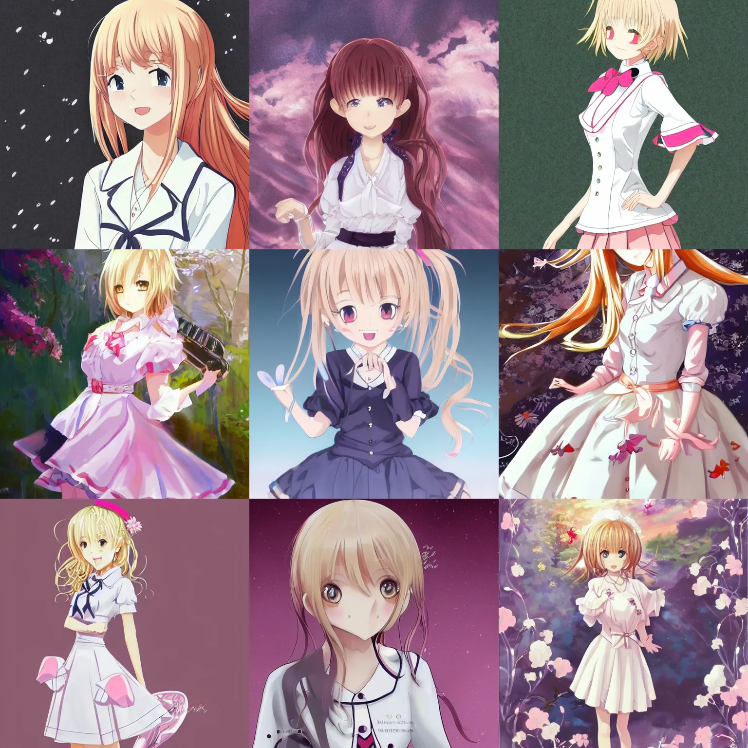 Prompt: marin kitagawa fanart, marin kitagawa, My Dress-Up Darling, blond anime high school female with pink eyes, dressed in white shirt and skirt, ornate, digital art, cute smile, digital painting, fan art, elegant, full-size, pixiv, by CloverWorks, by MAPPA, by Studio Ghibli