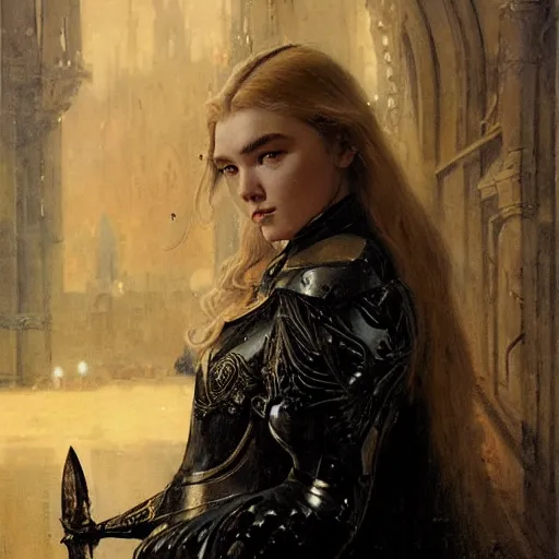 Image similar to blonde florence pugh, wearing dark black ornamented medieval armour, detailed, by gaston bussiere, bayard wu, greg rutkowski, giger, maxim verehin, greg rutkowski, masterpiece, sharp focus,