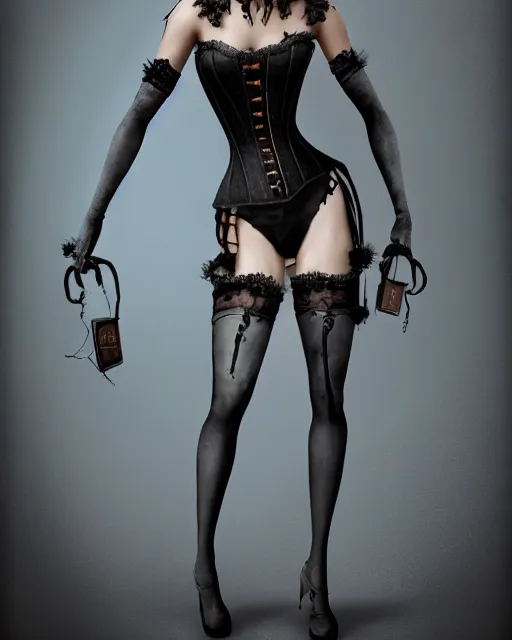 Image similar to full shot portrait painting of very beautiful emma watson standing as black maiden in stockings corset noir studio, character design by mark ryden and pixar, ue 5, daz, hyperrealistic, octane render, cosplay, rpg portrait, dynamic lighting, intricate detail, cinematic