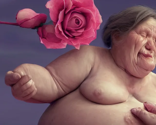 Image similar to of a very beautiful scene. ambient occlusion render. a sweet fat old woman is giving birth a beautiful colorful rose. hyper realistic. 4 k. wide angle. wild. symmetrical face, red mouth, blue eyes. deep focus, lovely scene. ambient occlusion render. concept art. unreal engine.