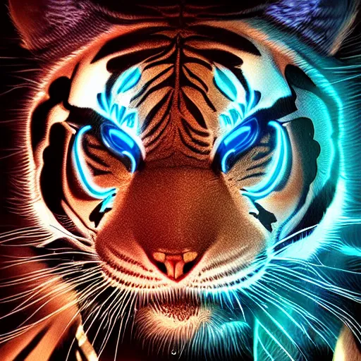 Image similar to eye of a cybernetic tiger, futuristic, cyberpunk, digital illustration, photo - realistic, macro, extremely detailed, vivid, neon, dramatic lighting, intricate details