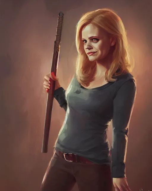 Prompt: beautiful portrait of Leslie Knope as Buffy the Vampire Slayer by Greg Rutkowski